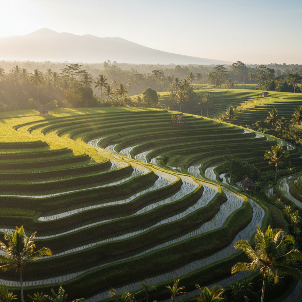 Arrozales en terrazas de Tegalalang en Bali al amanecer, palmeras, niebla matutina, verde intenso