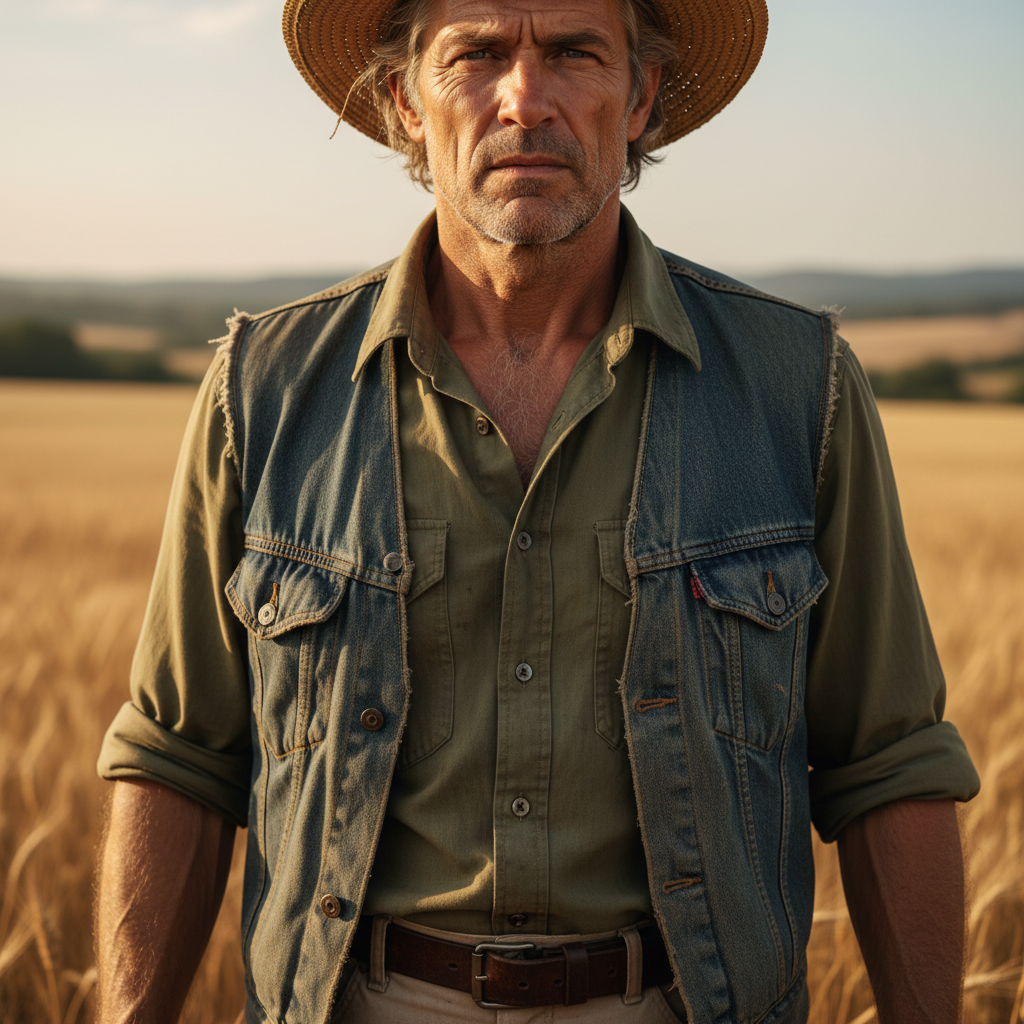 Older Mexican farmer in straw hat standing in corn field at dawn with golden light behind him
