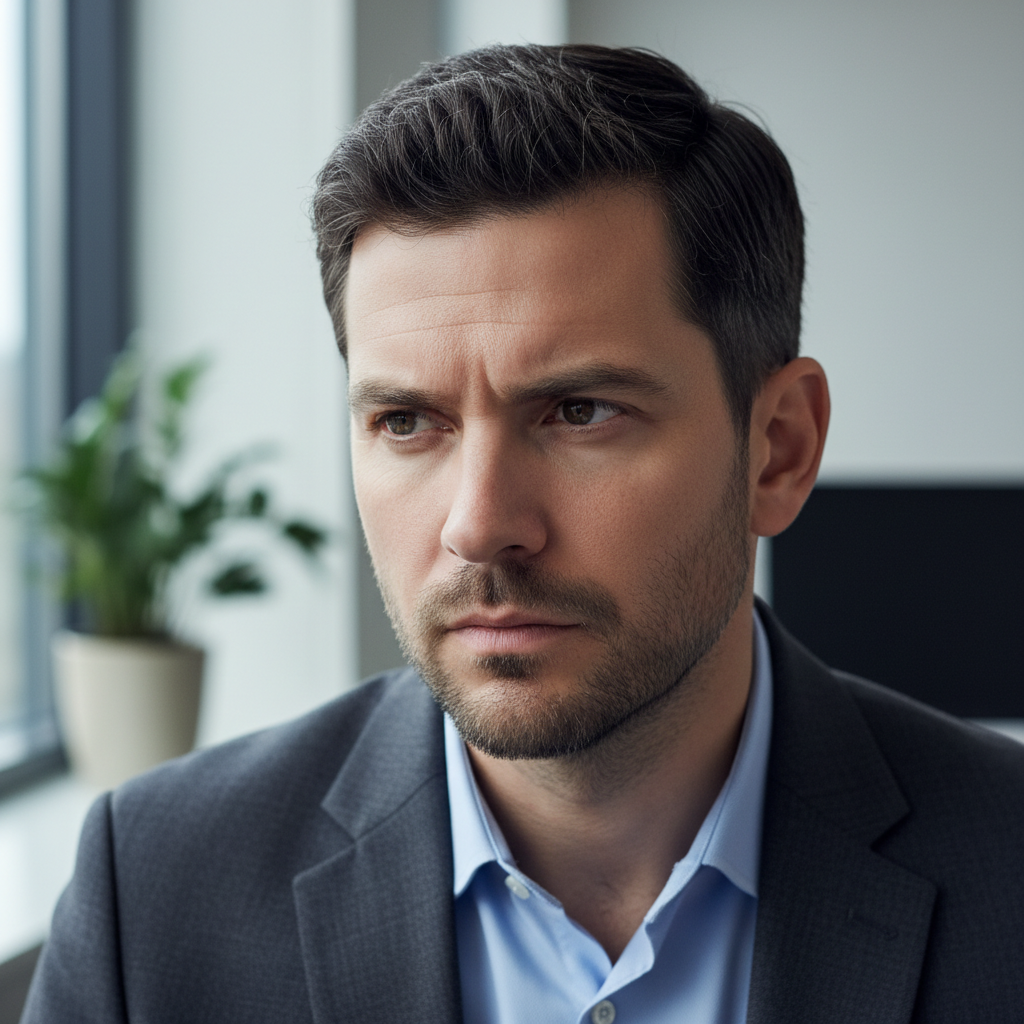Man with short dark hair and serious expression