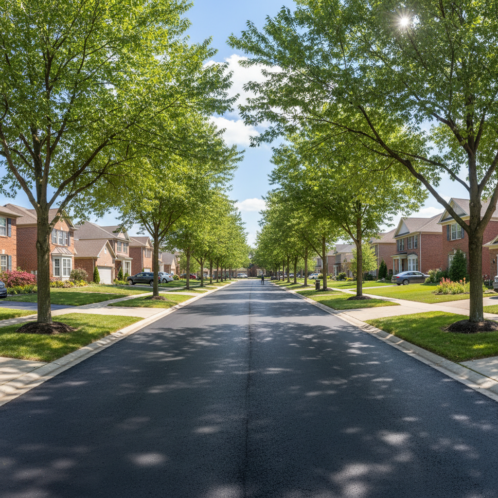 Freshly paved private road through residential community with trees lining both sides