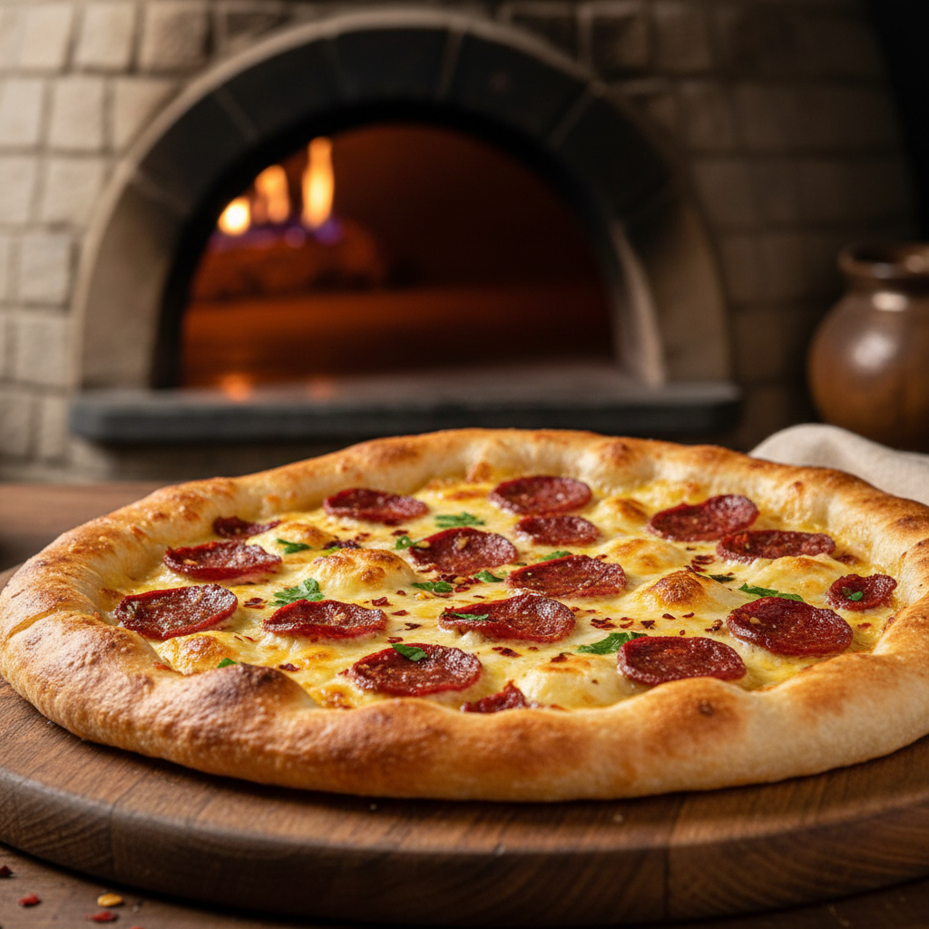 Pepperoni pizza with curled crispy pepperoni slices, melted cheese, and spicy chili oil