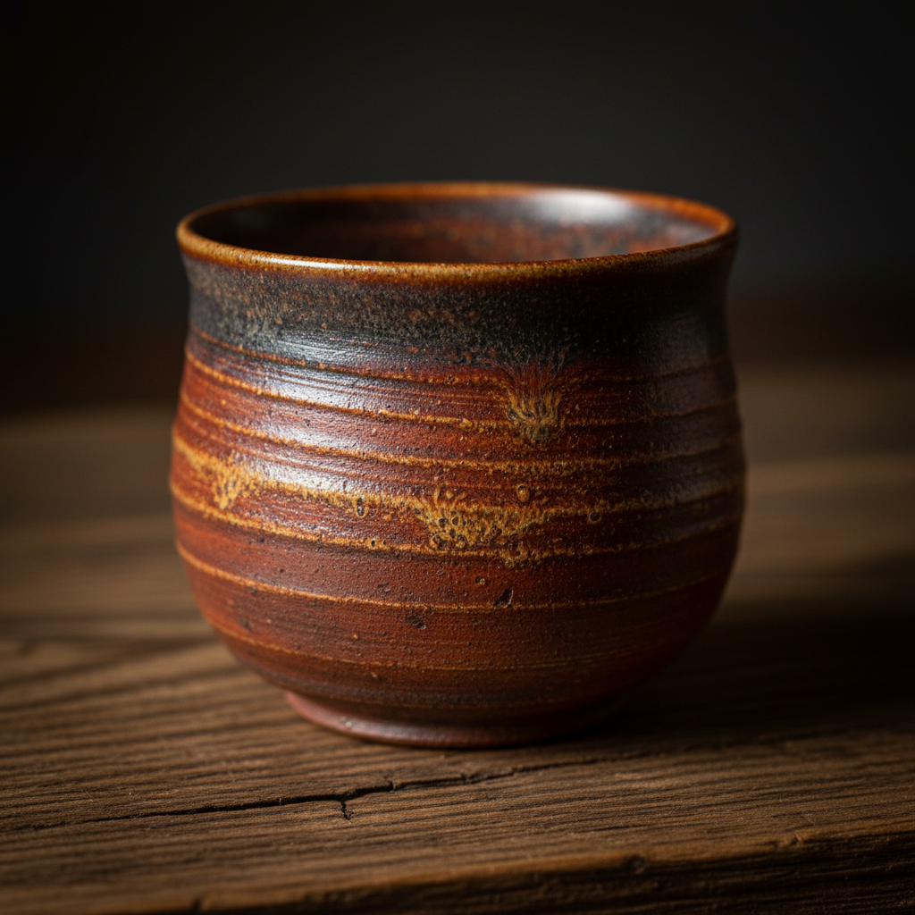 Wood-fired yunomi with ember glaze and throwing rings visible on the exterior