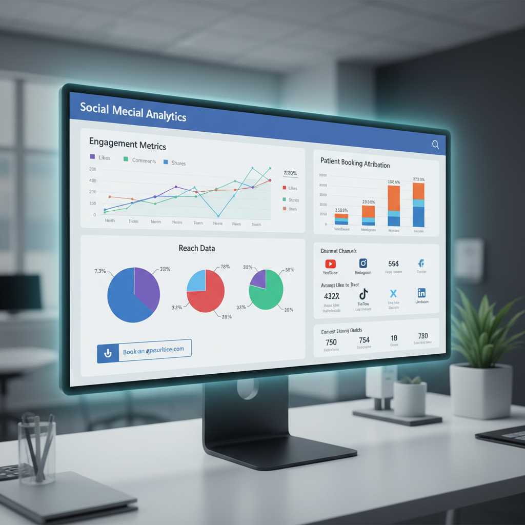 Social media analytics dashboard showing healthcare practice engagement metrics, reach data, and patient booking attribution across YouTube, Instagram, Facebook, X, TikTok, and LinkedIn