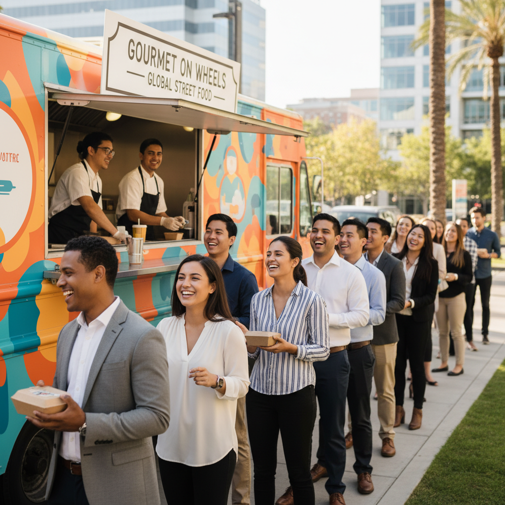 Office employees lined up at a food truck during a corporate lunch break, laughing and chatting