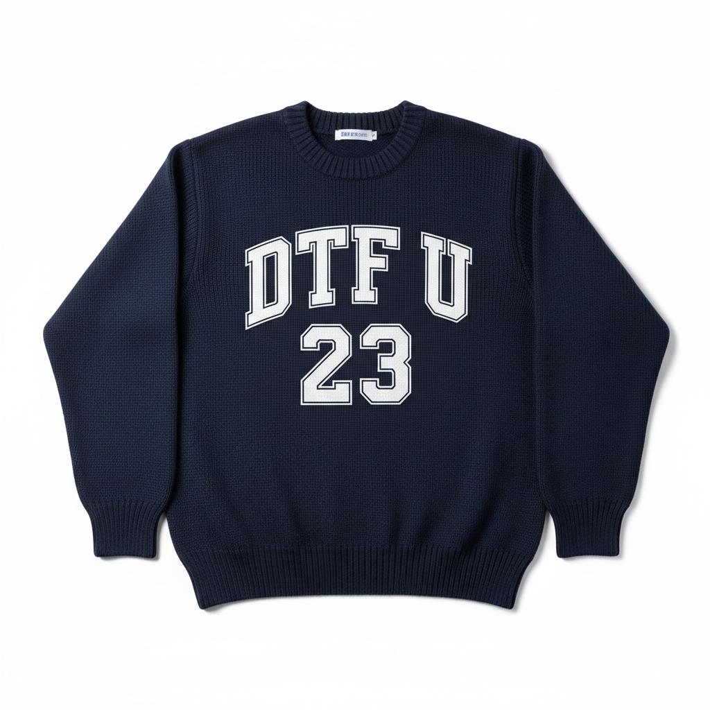 Navy varsity style sweater with letter and number DTF transfer print