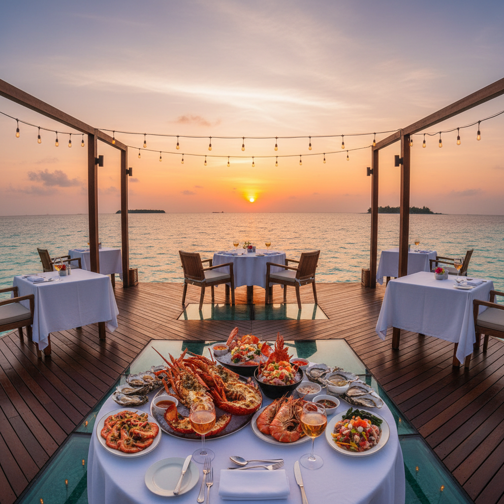 Romantic overwater restaurant deck with seafood dishes and Burj Al Arab sunset views