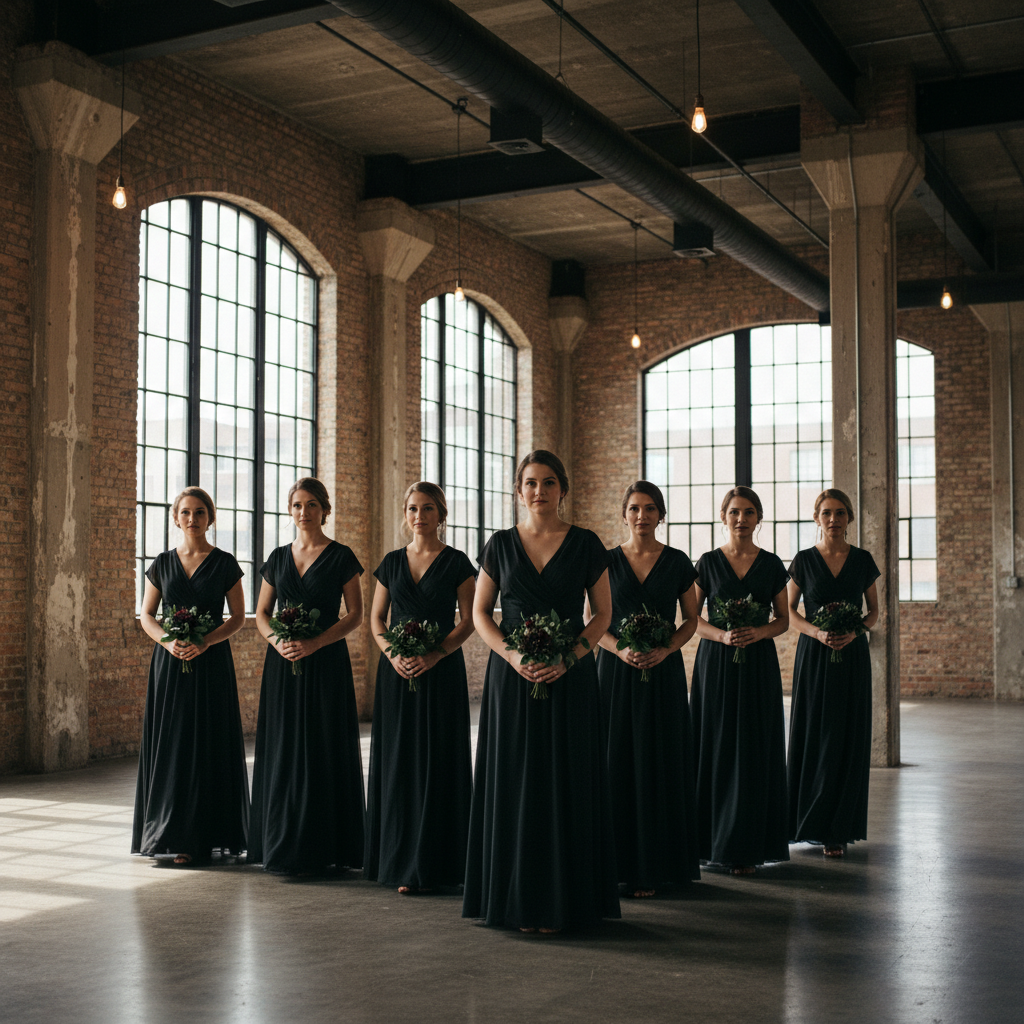 Eight bridesmaids in obsidian wrap dresses standing in staggered formation at industrial venue reception