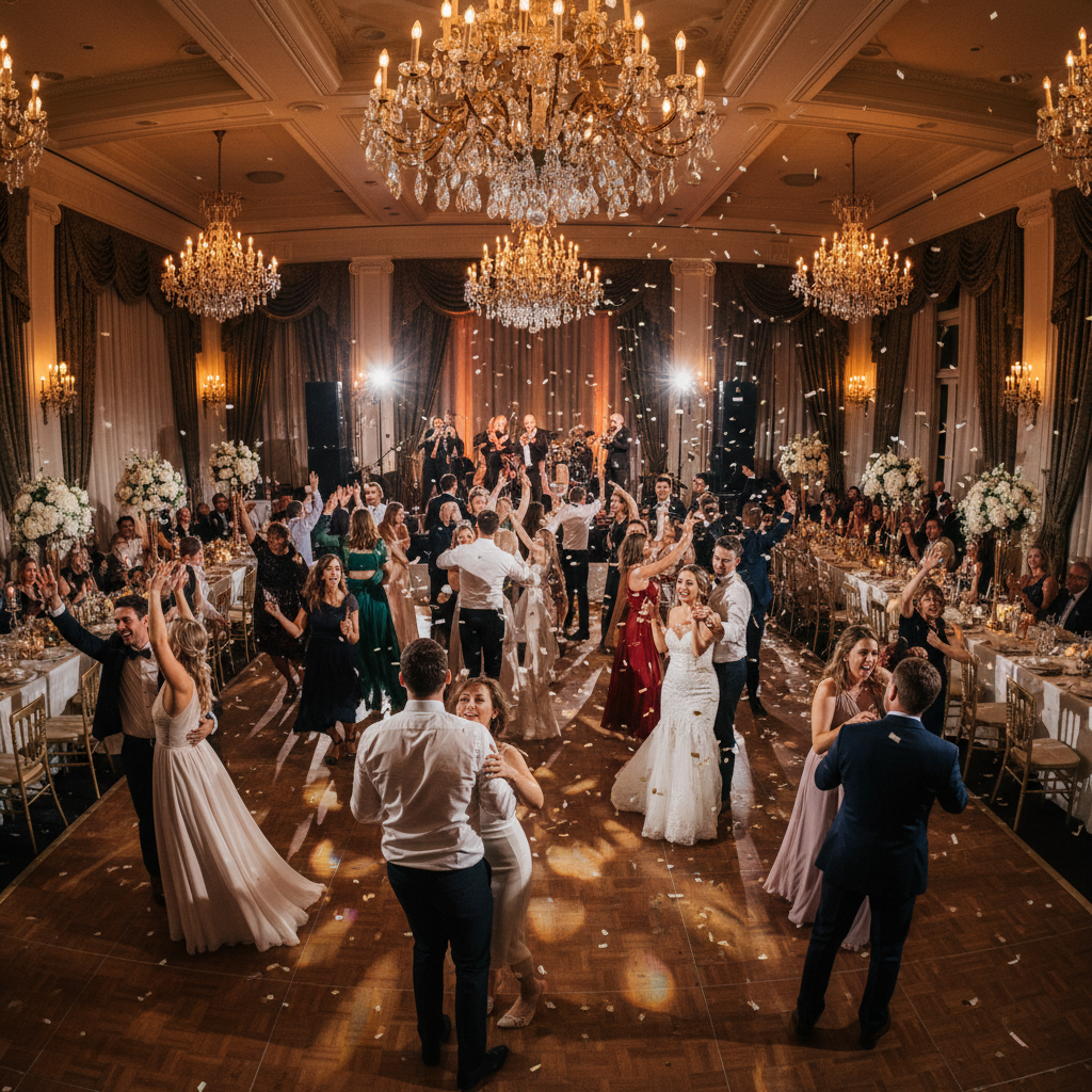 Wedding reception dance floor in a warmly lit restaurant with guests celebrating and dancing