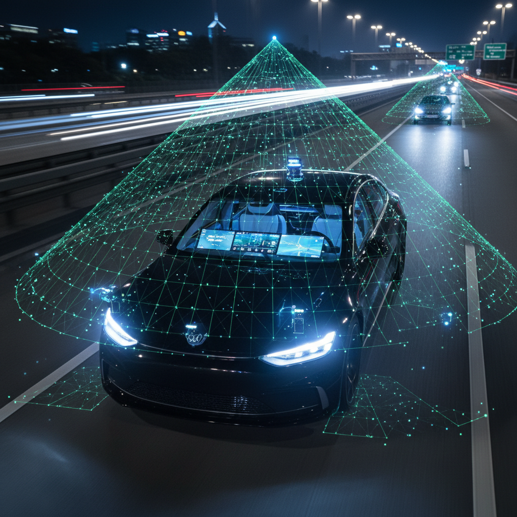Self-driving autonomous vehicle on a highway at night with LiDAR sensor visualization overlay, futuristic AV technology