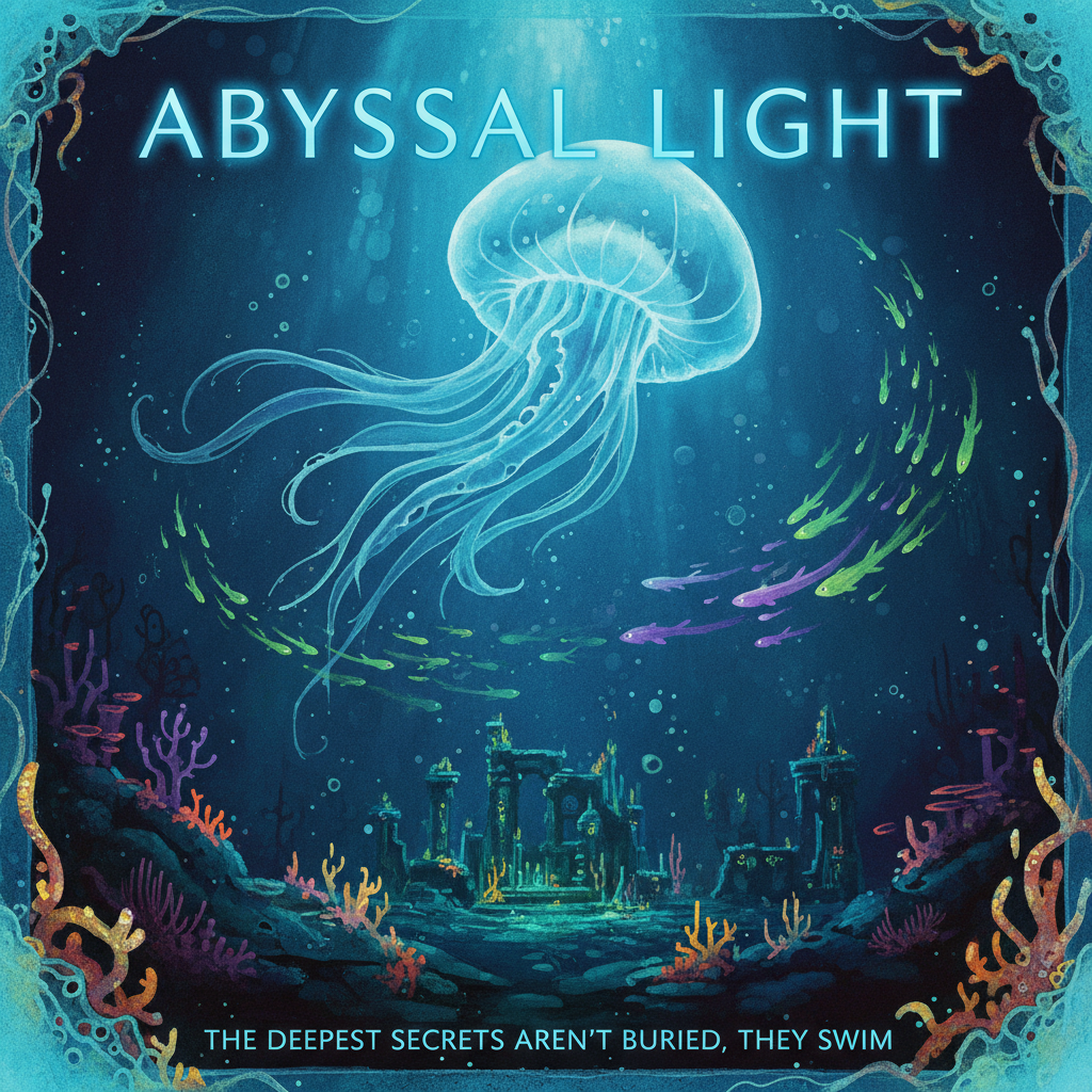 Fantasy underwater kingdom movie scene with dark blue and purple dramatic lighting