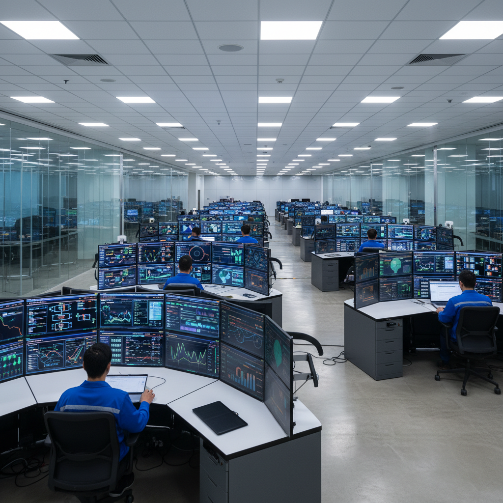 Global pharmaceutical enterprise digital operations center with multiple screens displaying integrated manufacturing data and real-time analytics dashboards