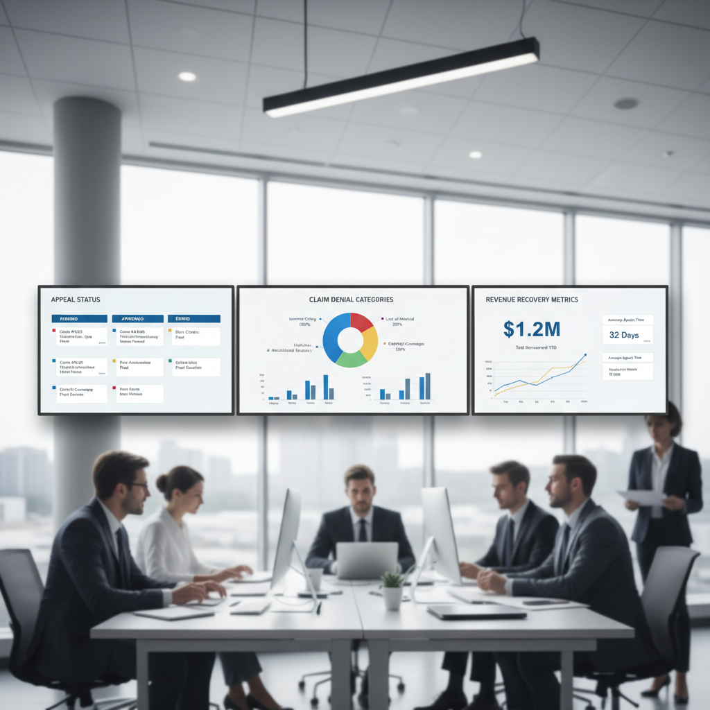 Medical billing denial management dashboard showing claim denial categories, appeal status, and revenue recovery metrics