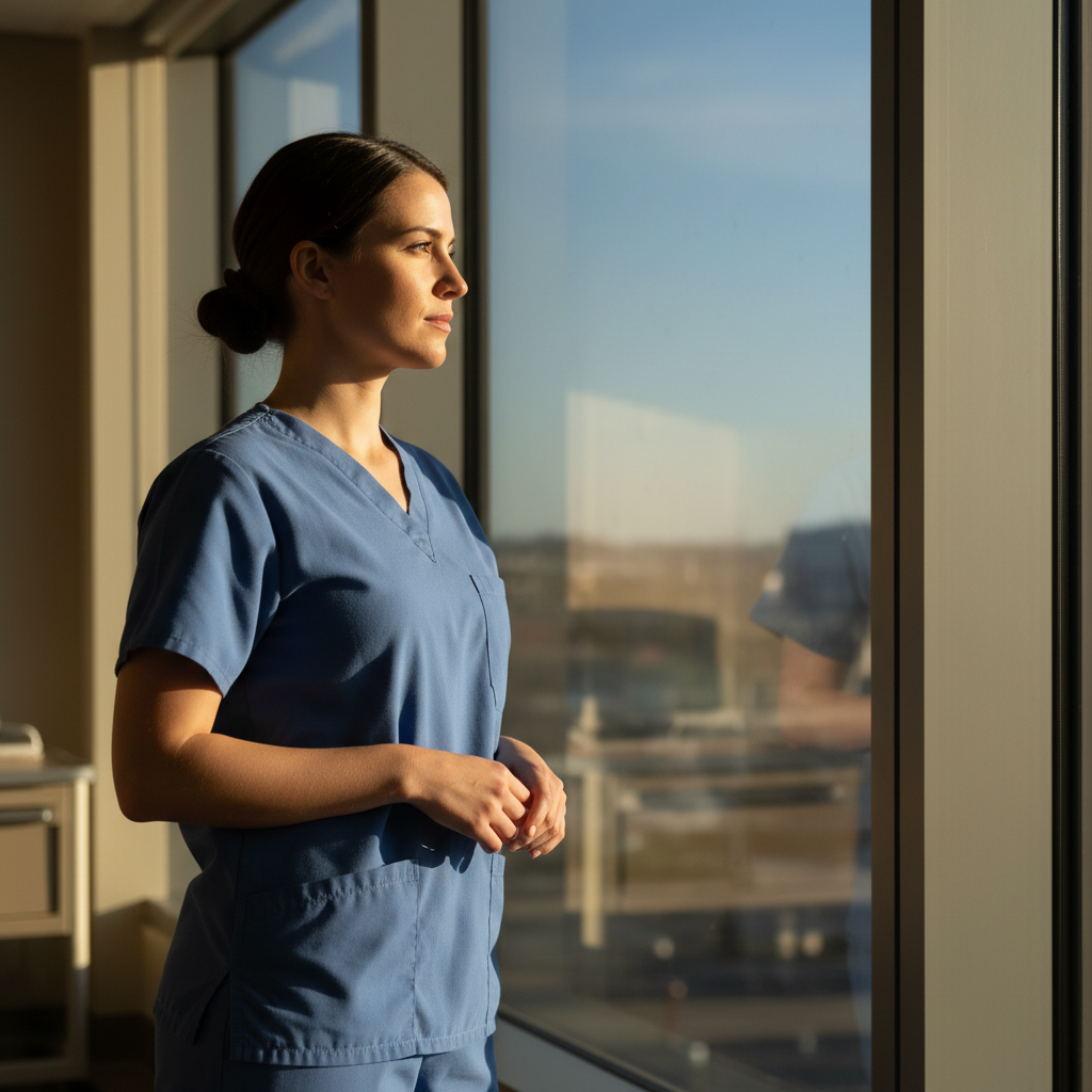 ICU nurse in blue scrubs looking out window on break