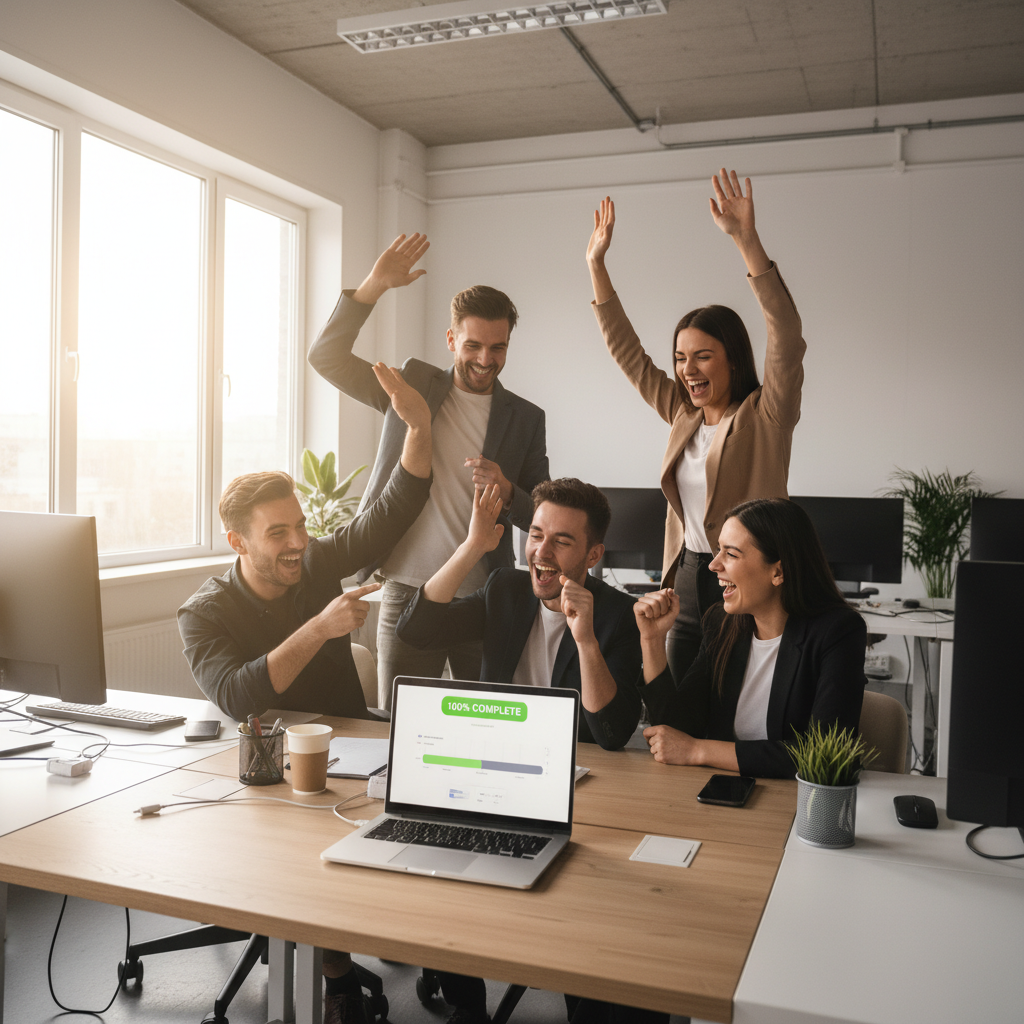 Diverse business team celebrating success with high-fives in modern office environment