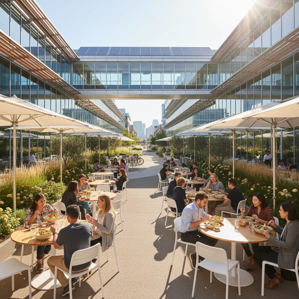 Modern tech campus with outdoor seating areas and people eating lunch