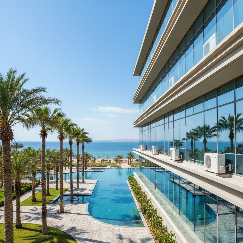 Red Sea Resort Complex luxury hotel exterior with palm trees and modern architecture featuring FrostAir climate control systems in Jeddah