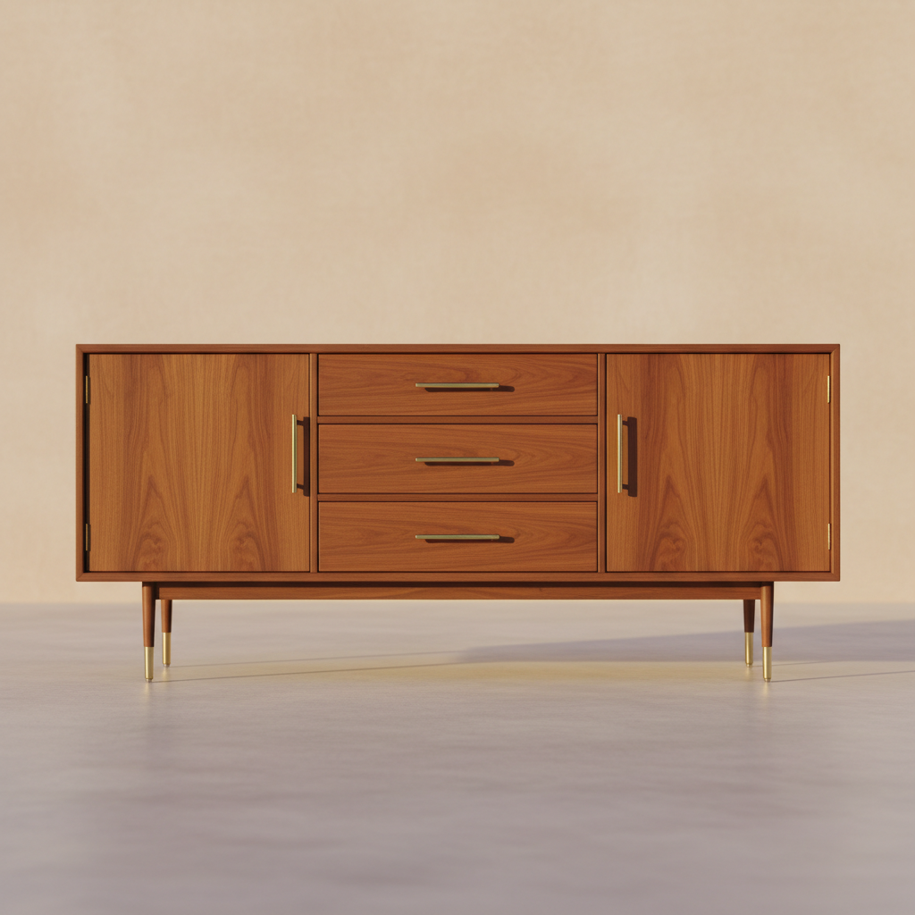 Restored mid-century walnut credenza with warm golden finish, brass hardware gleaming in afternoon light after restoration