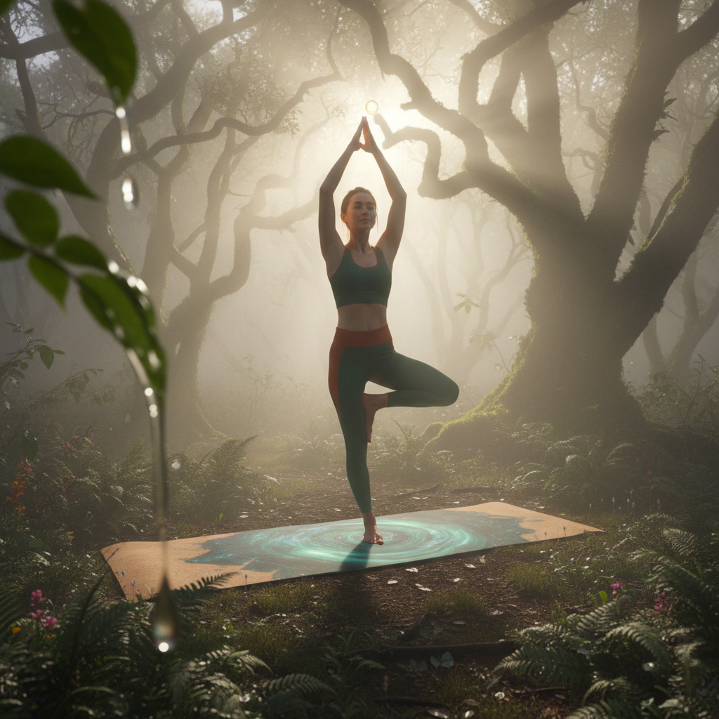Woman practicing mindful morning yoga outdoors in soft natural light, calm wellness lifestyle, healthy daily routine