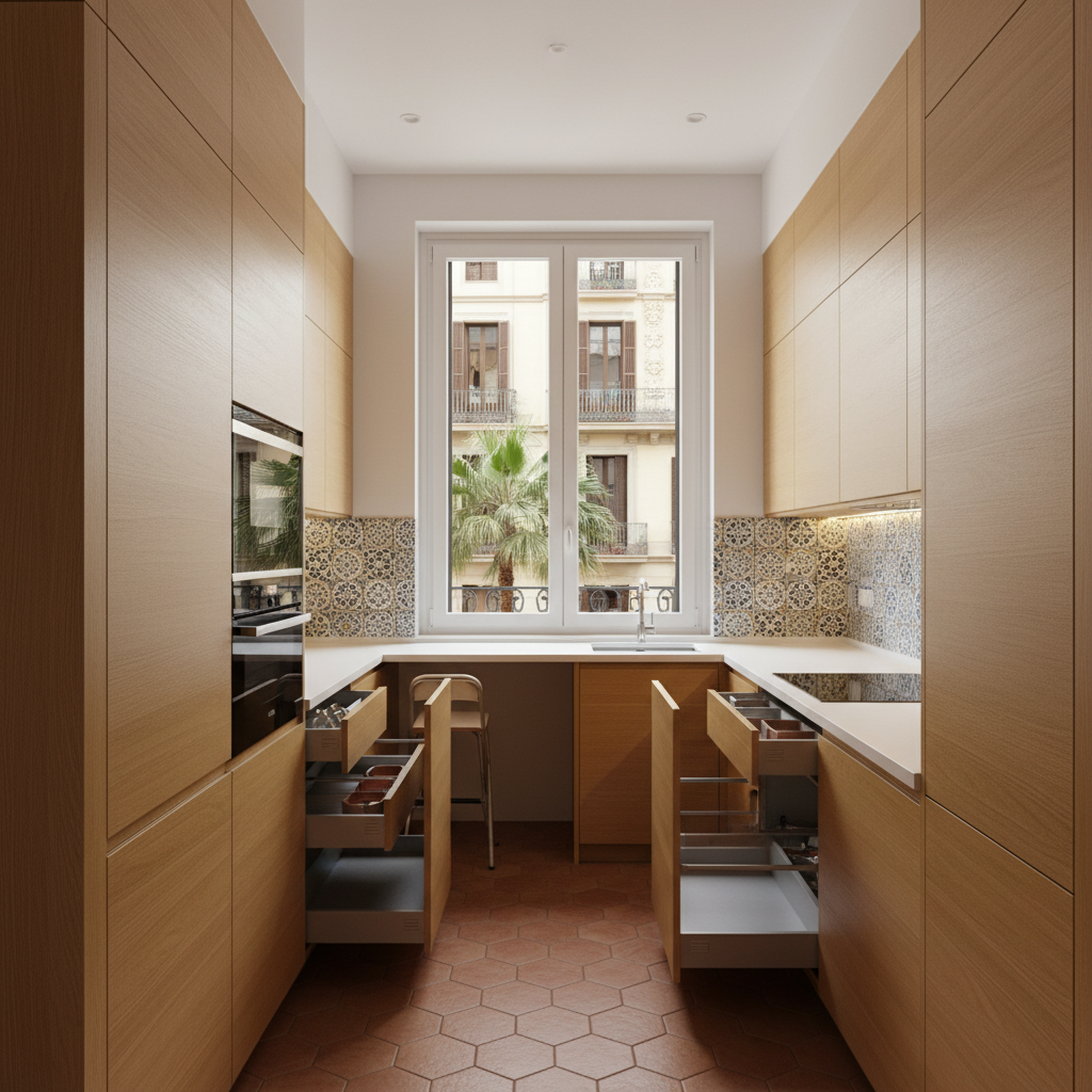 Cocina cerrada compacta con distribución optimizada y almacenaje inteligente en piso de Barcelona