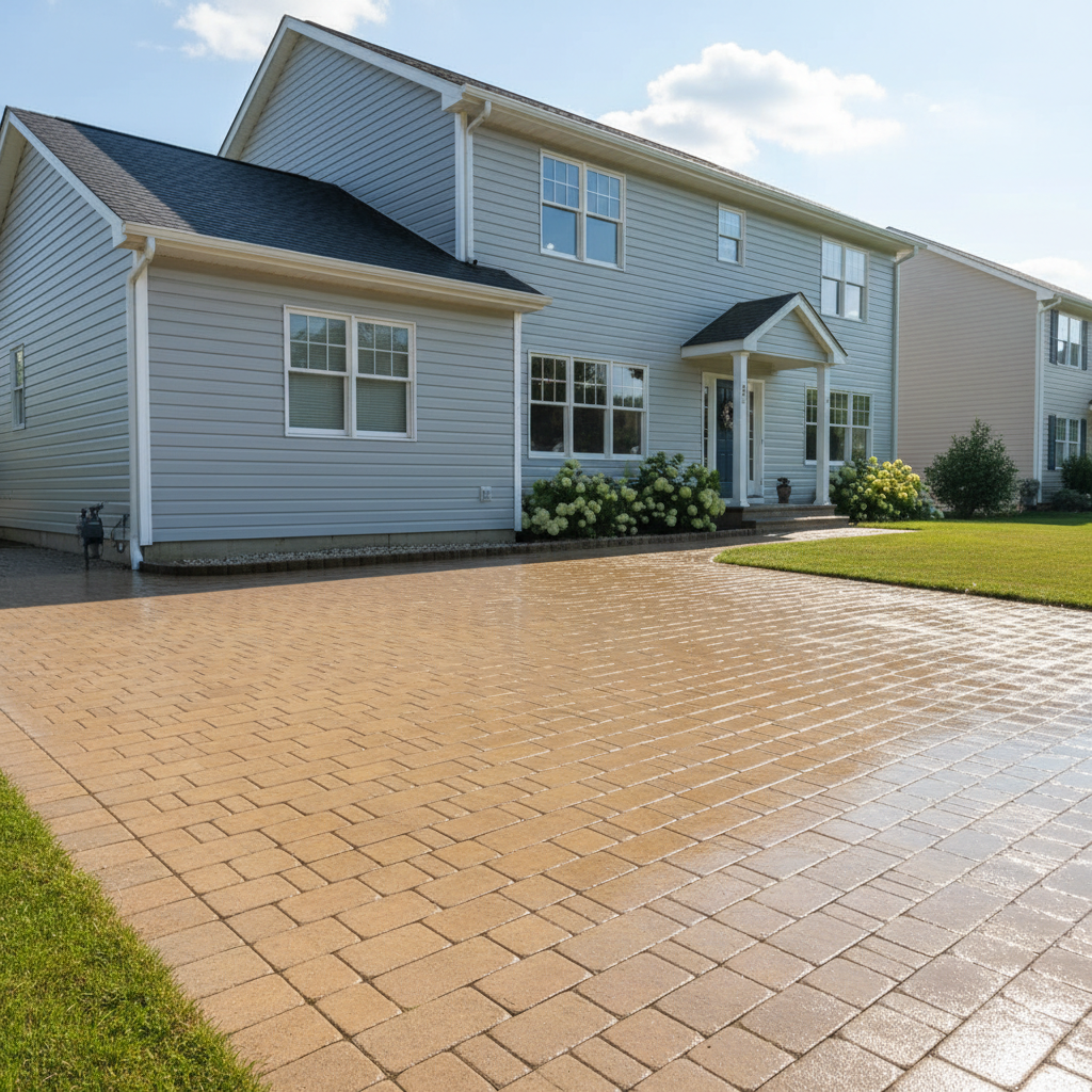 Beautiful clean home exterior, manicured yard, freshly pressure-washed surfaces, bright sky