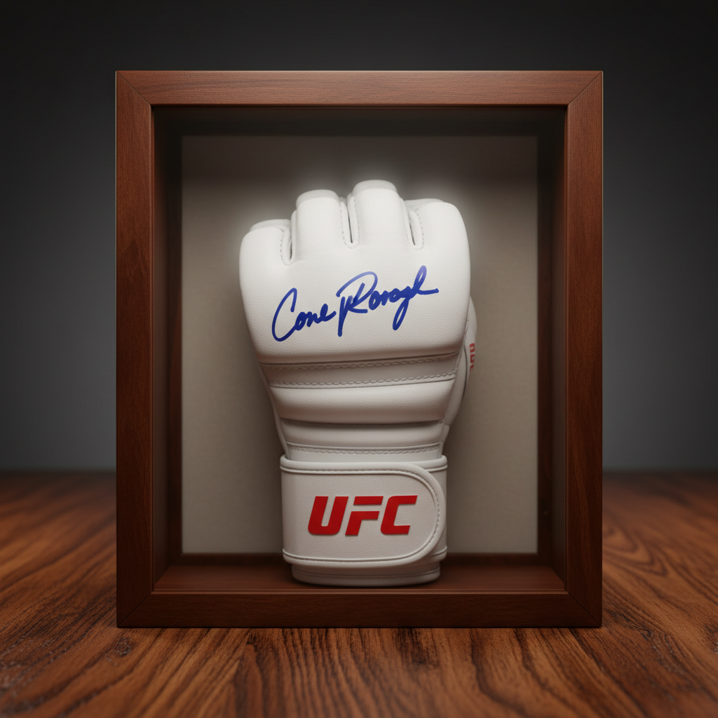 White Reebok UFC glove signed by Conor McGregor in blue sharpie, mounted in shadow box