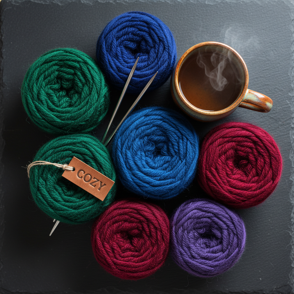 Flat lay of winter merino yarn skeins in deep jewel tones arranged on a dark surface with a ceramic mug