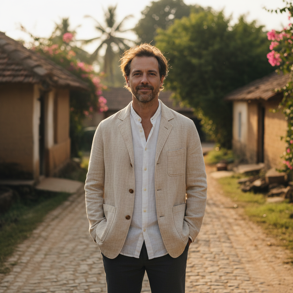 Man in ivory handwoven Khadi kurta, clean warm light, traditional Indian clothing