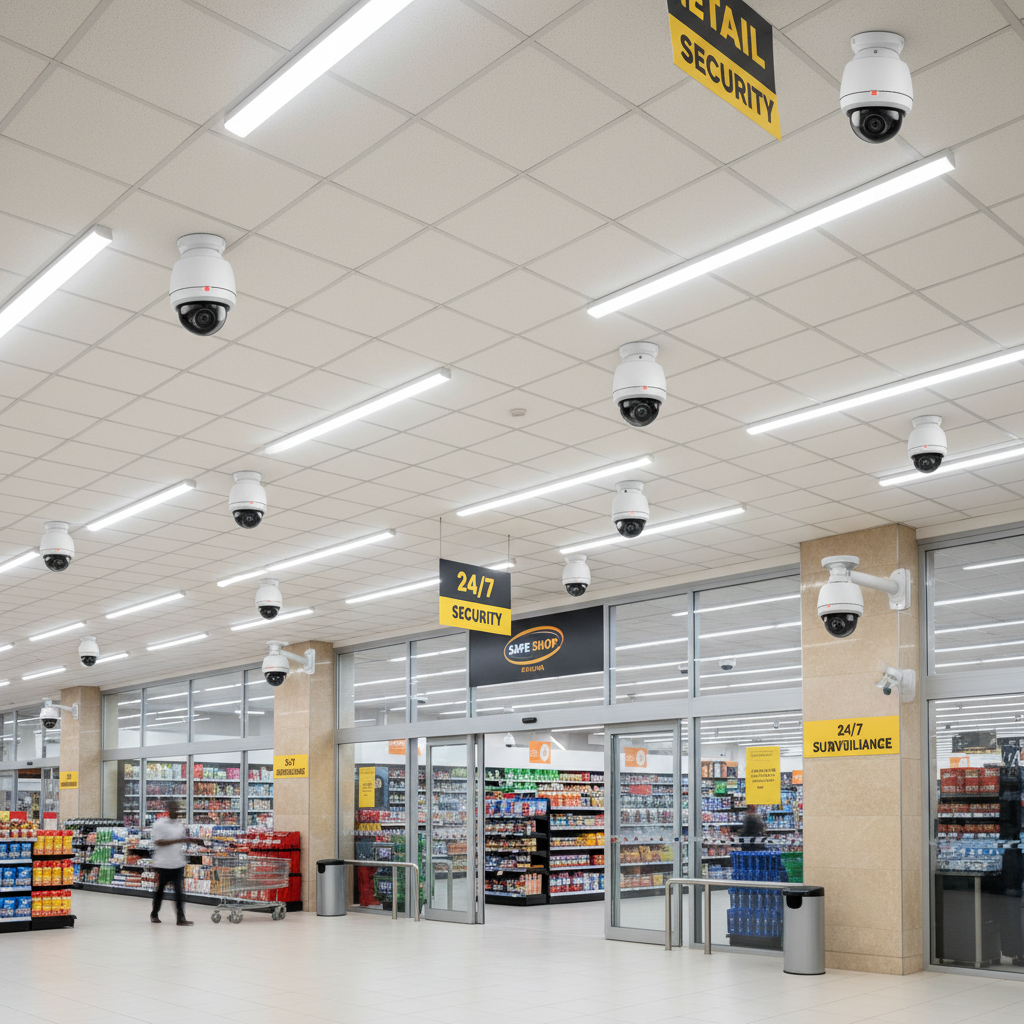 CCTV camera system installed in Kenyan supermarket, cameras visible on ceiling and exterior walls, retail security
