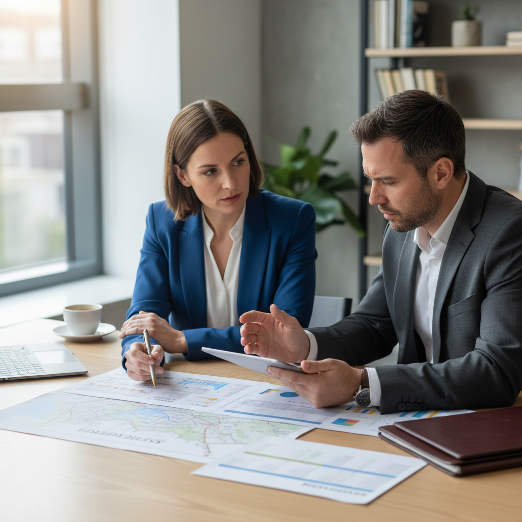 Property advisor and client in consultation reviewing documents and strategy before beginning a property search, representing the pre-search advisory process
