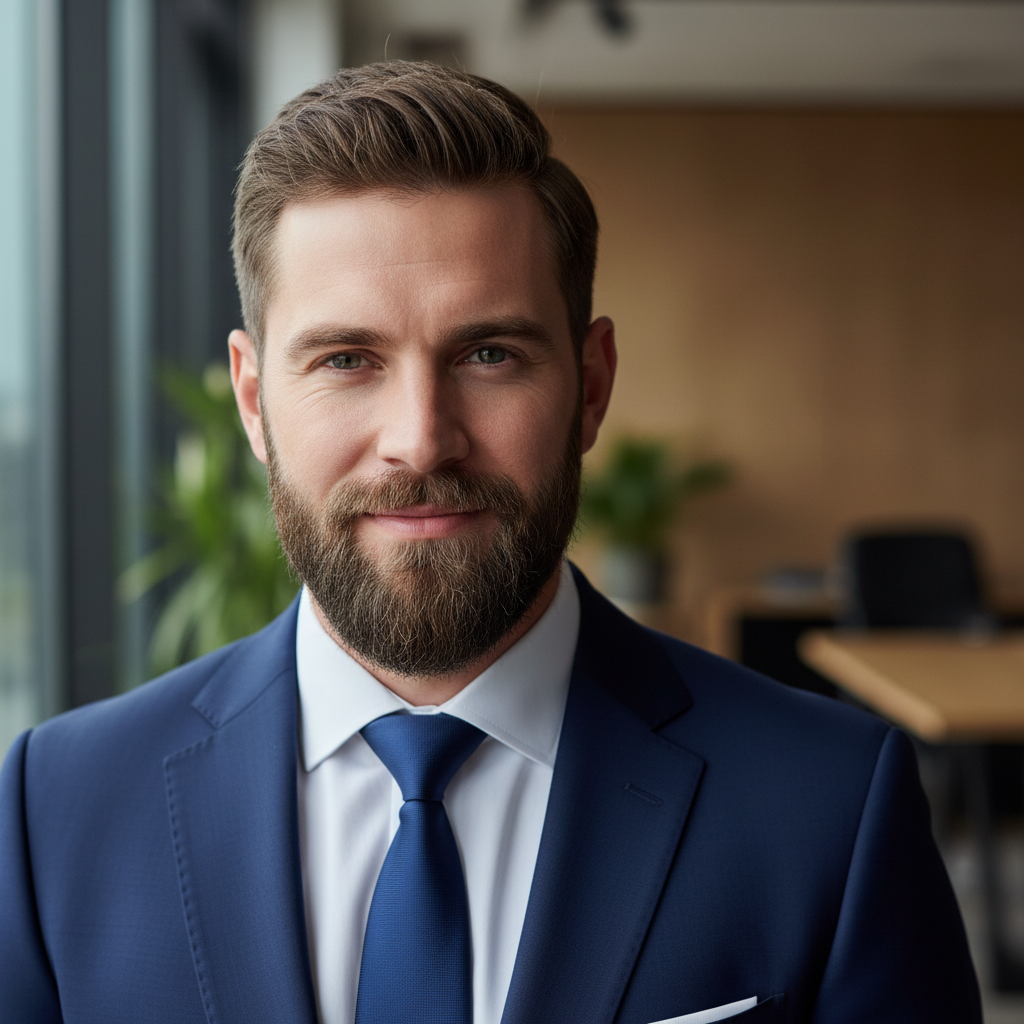 Customer portrait, smiling man with short hair