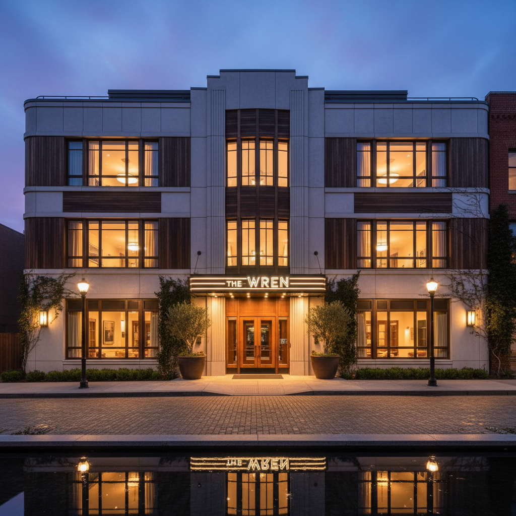 Boutique hotel exterior at twilight with warm lighting