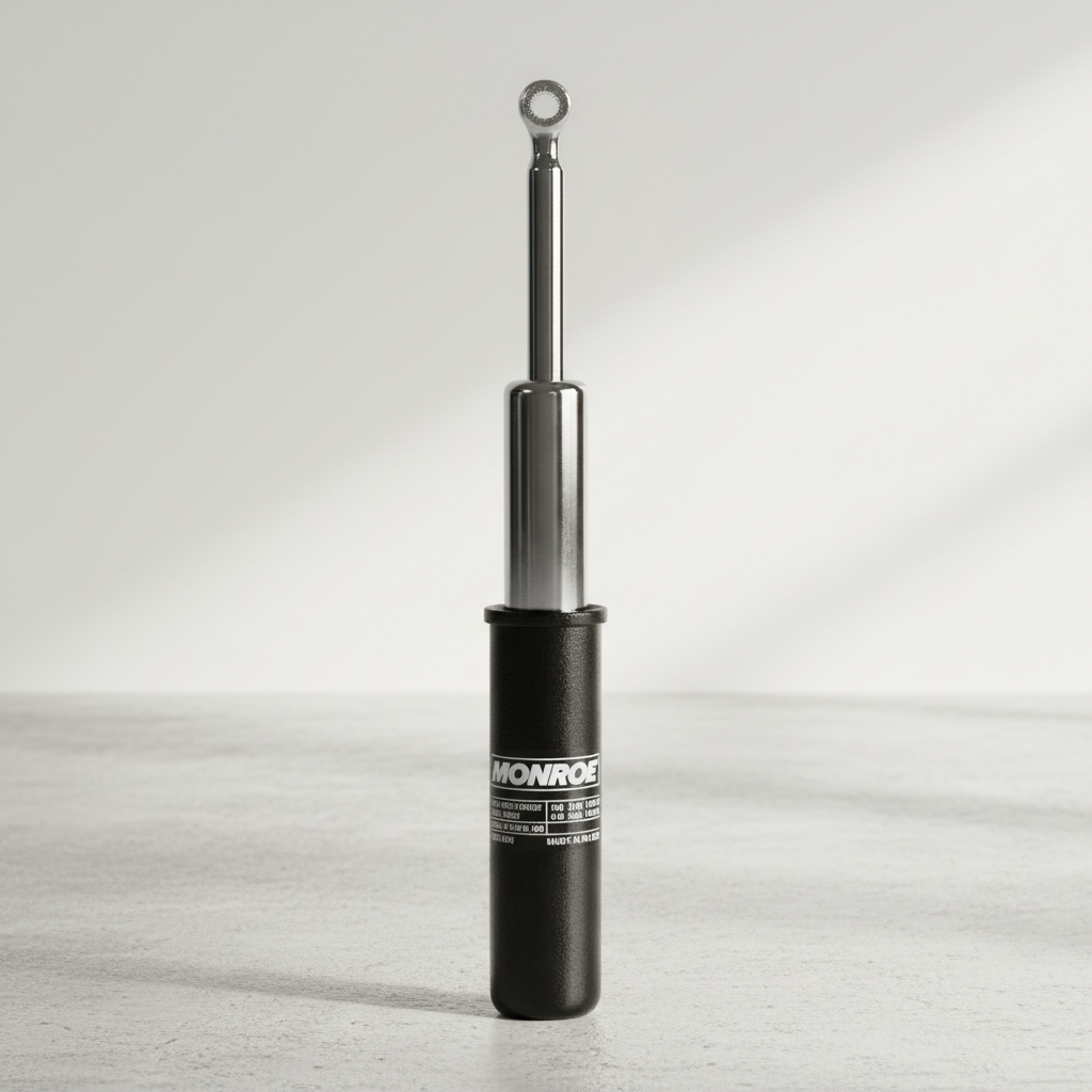 Monroe shock absorber on workshop floor with dark background