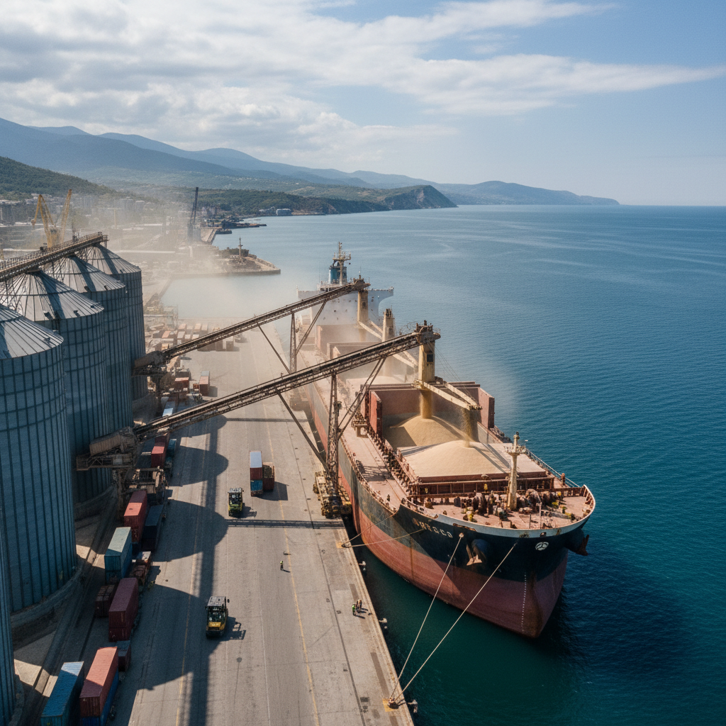 Large cargo ship at Black Sea port loading bulk agricultural commodities at industrial dock