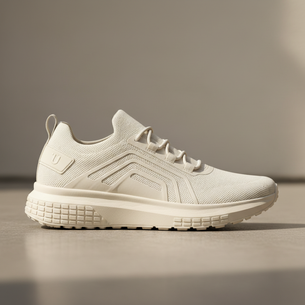 White lifestyle sneaker on clean concrete with soft ambient urban lighting