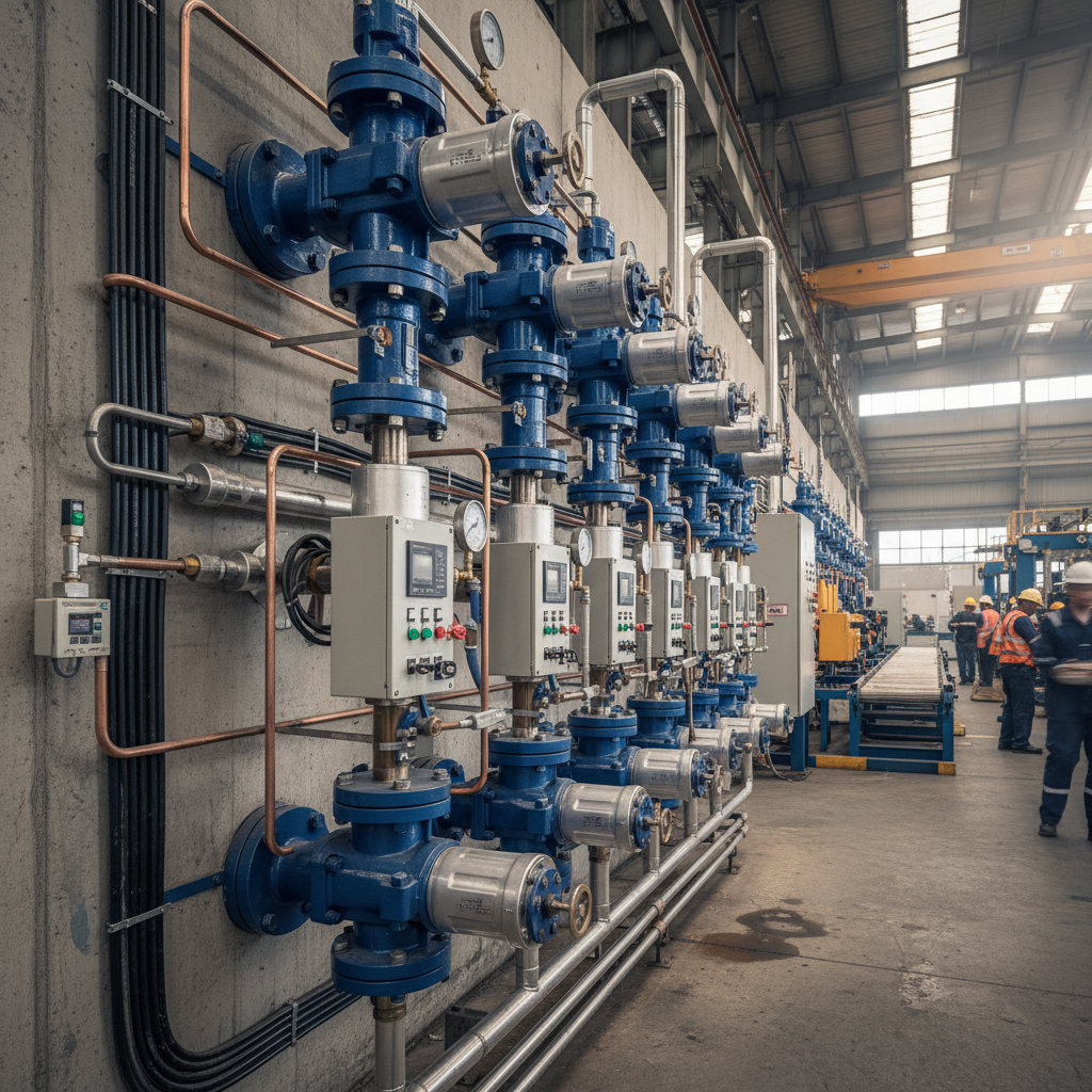 Pneumatic control system with valves and fittings in industrial automation setting, dark moody factory environment with blue instrumentation lighting