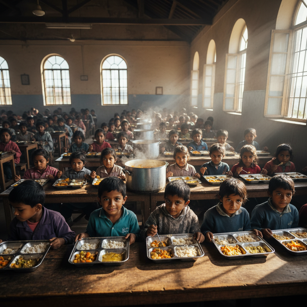 Children eating hot meals at long tables in a community hall, bright natural light