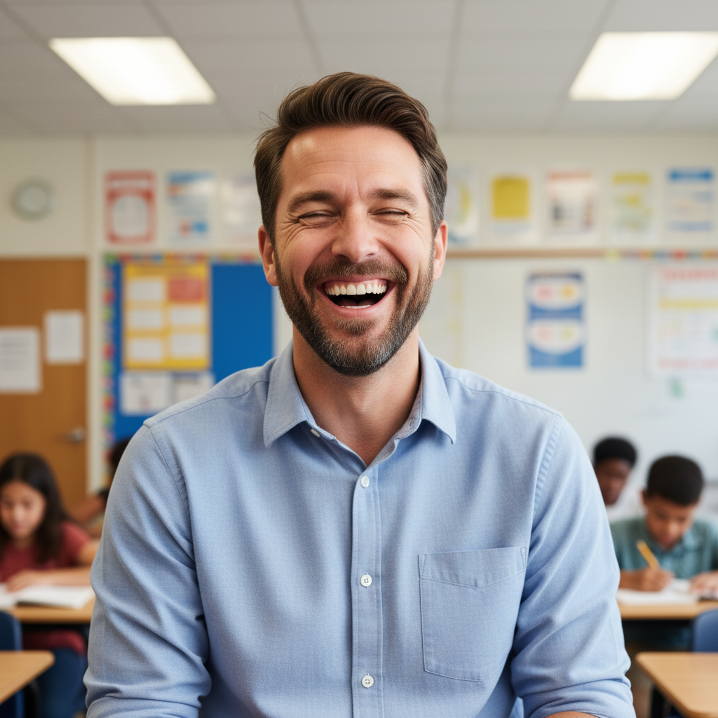 Male educator laughing naturally in school