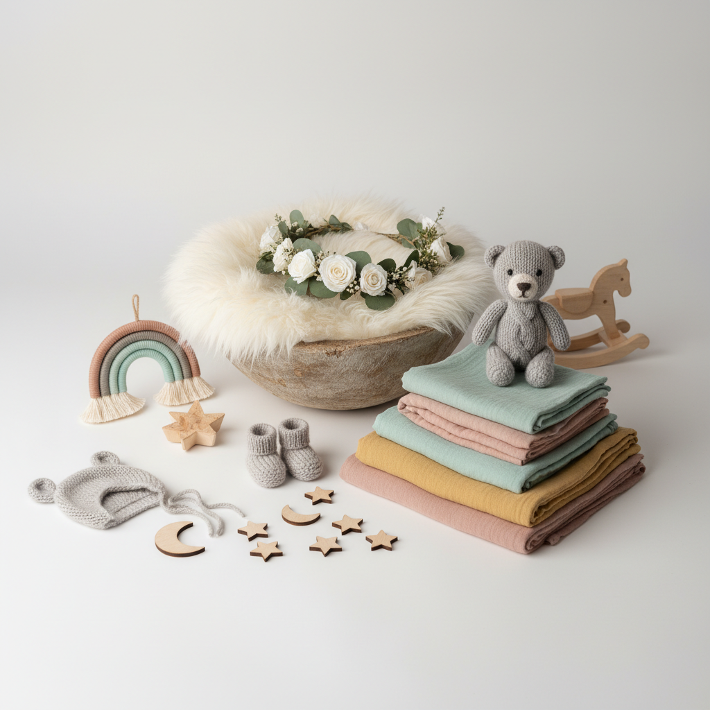 Close-up of newborn photography props arranged on a studio surface
