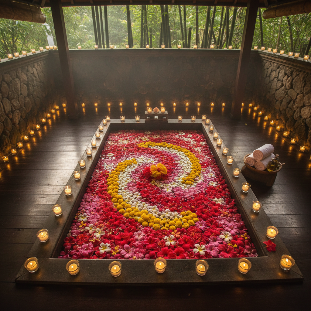 Traditional Balinese spa treatment with flower petals and candles