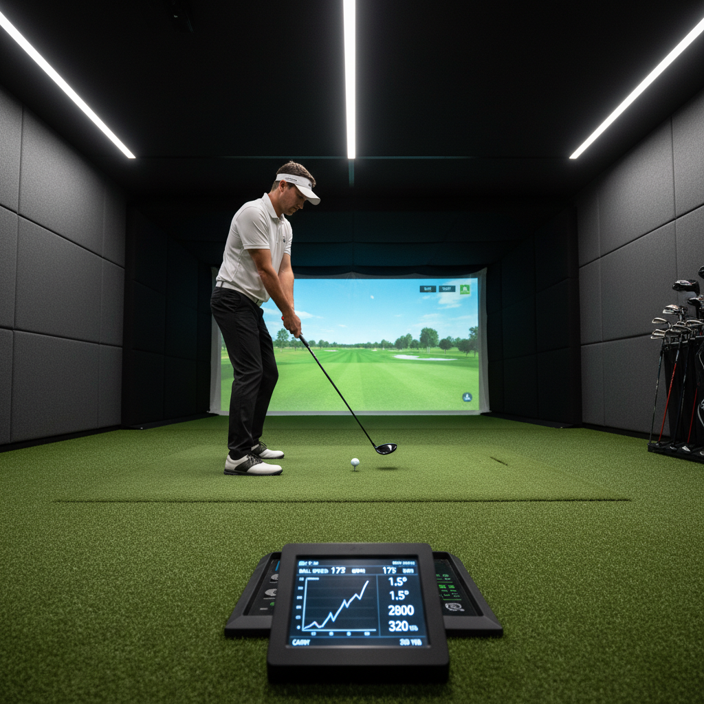 Golfer addressing the ball on synthetic turf inside a simulator bay, launch monitor visible in foreground