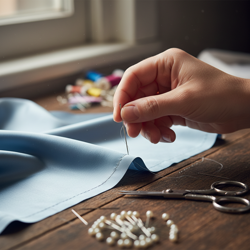 Atelier interior showing seamstress hand-stitching silk fabric on a wooden workbench with natural light