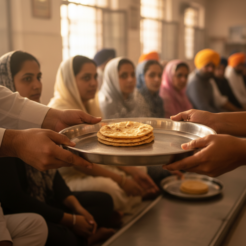 Close-up of hands passing a steel thaal of roti across a row of seated sangat, warm golden light from the langar hall