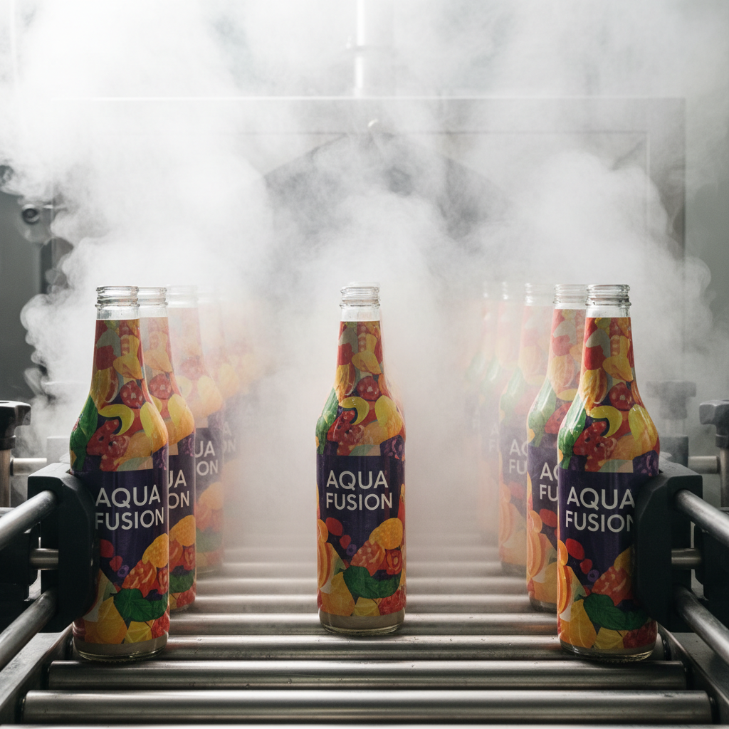 Rows of freshly labeled beverage bottles with shrink-wrapped sleeves moving through a steam tunnel on an industrial conveyor