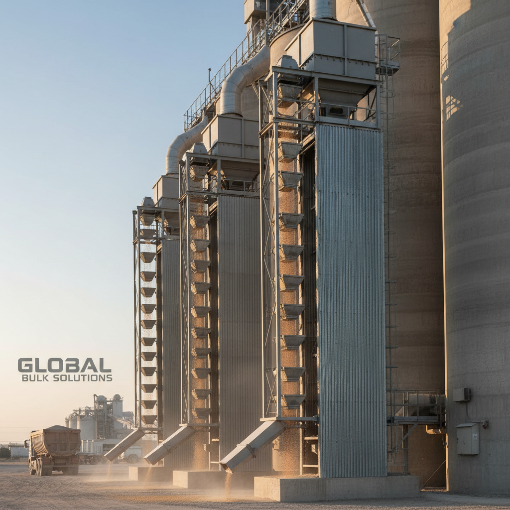 Fleet of heavy-duty trucks lined up at a grain elevator or bulk commodity loading facility, industrial logistics operations
