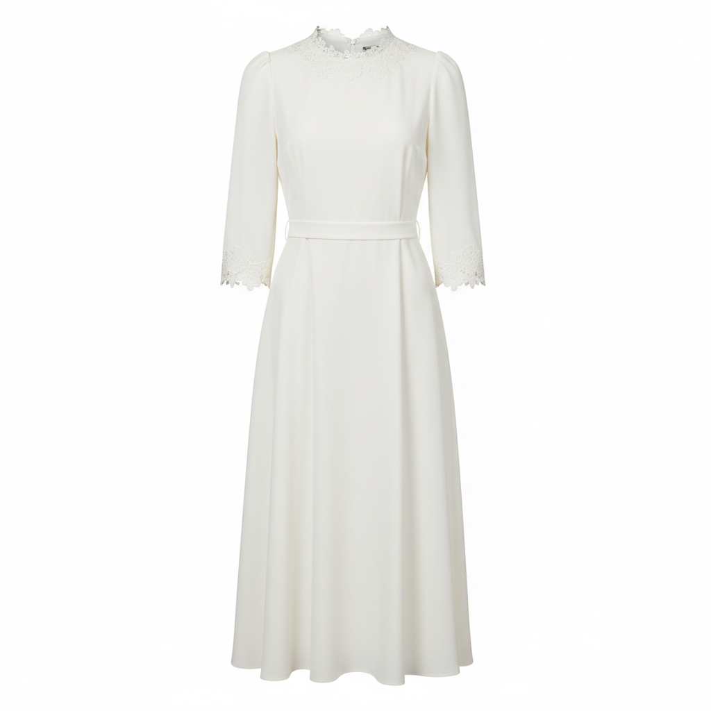 Elegant ruched halter neck midi dress in ivory white on model