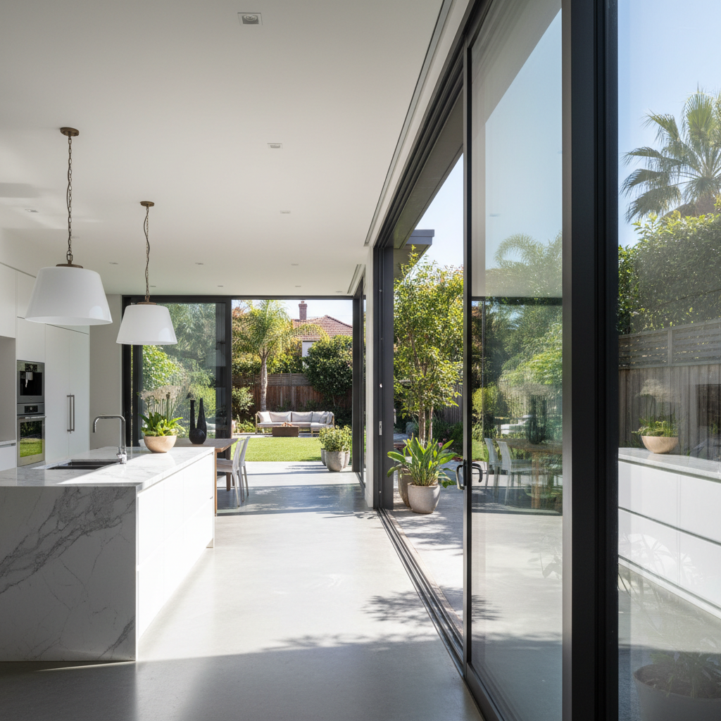 Four-panel sliding glass wall fully retracted, stacked at right side, wide-open kitchen to backyard with afternoon sun streaming in