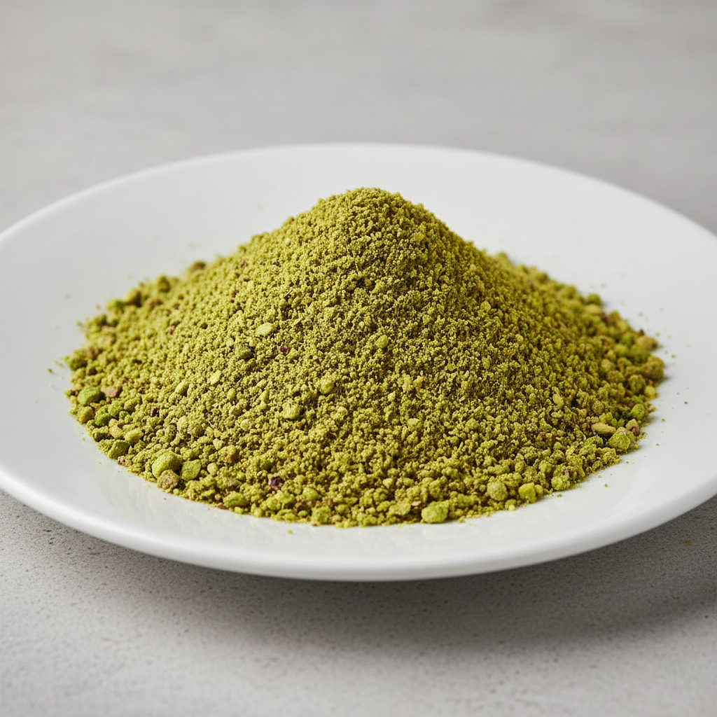 Pistachio — thick light roast nut butter in an open jar