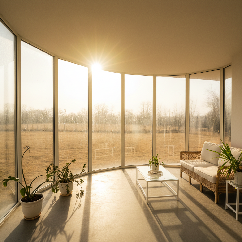 Bright glass-walled sunroom with white framing attached to a house, filled with natural light and plants