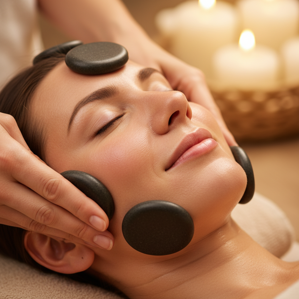 Luxurious facial treatment in progress with client relaxed in white spa bed, warm candlelight atmosphere