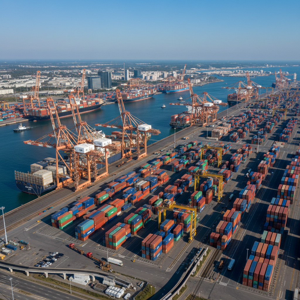 Major international shipping port with container vessels and global logistics infrastructure at scale